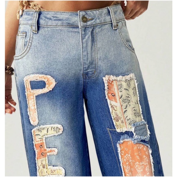Boho Medium Wash Peace Floral Print Patch Denim Straight Leg Jeans - Picture 4 of 5